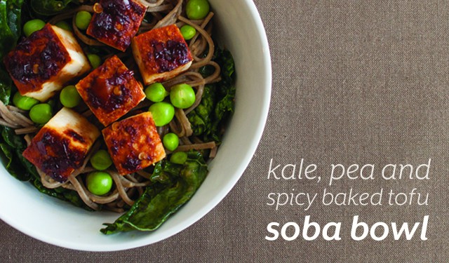 kale, pea and spicy baked tofu soba bowl