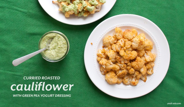 A simple and flavorful roasted cauliflower side dish with a bright, summery dressing made with green peas and yogurt.