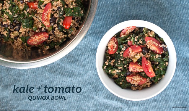 A summer-y quinoa bowl with tomatoes, zucchinis, kale and black beans perfect for any meal.