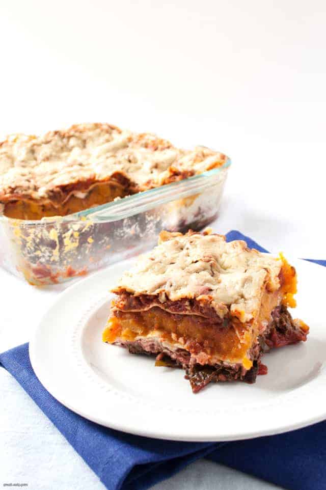 A filling, vegetarian lasagna with butternut squash and swiss chard, perfect for any day of the week.