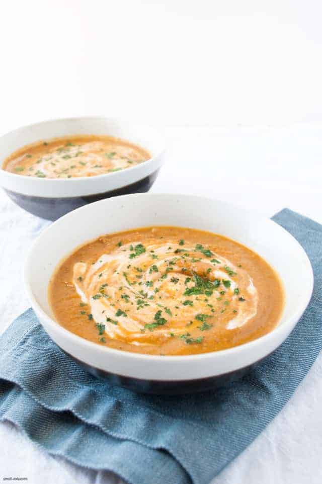 Enjoy a quick, yet filling vegetarian soup simply made with roasted carrots and lentils. | Roasted Carrot and Lentil Soup from small eats