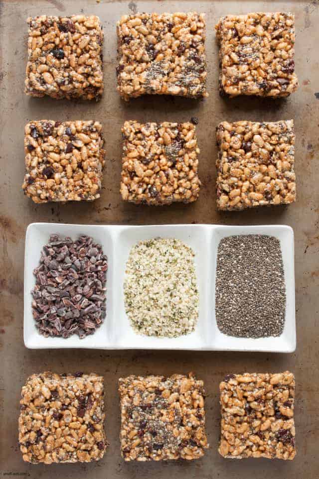 Up your rice crispy game with some chia, cacao and hemp for a healthier treat. | Healthy Superfood Rice Crispy Treats from small-eats.com