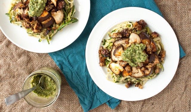 Learn how to find the bones of a dish to have a little more fun with it, starting with this Eggplant Pesto Zoodle dish with Crumbled Tempeh. | Eggplant Pesto Zoodle with Crumbled Tempeh from small-eats.com
