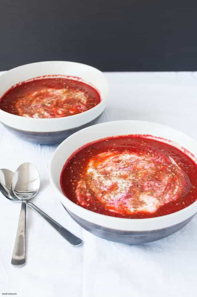 A simple roasted root vegetable soup topped with yogurt and za'atar for a nourishing meal. | Roasted Beet Carrot Soup from small-eats.com