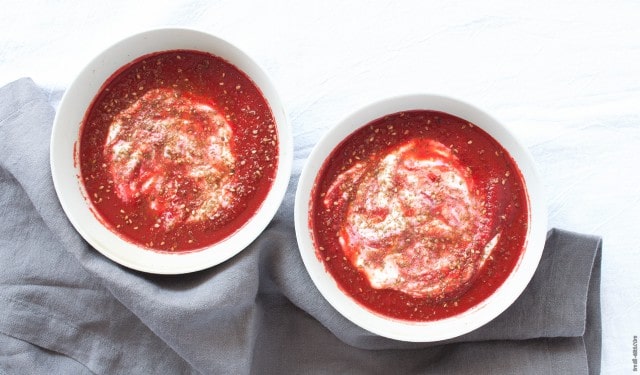 A simple roasted root vegetable soup topped with yogurt and za'atar for a nourishing meal. | Roasted Beet Carrot Soup from small-eats.com