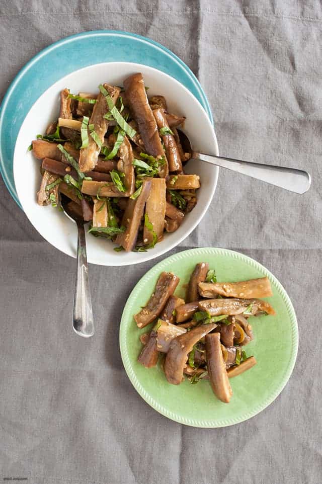 A roasted eggplant side dish with Chinese flavors and a bit of heat. | Spicy Roasted Eggplant from small-eats.com
