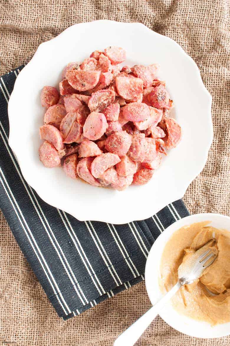 A quick and simple roast radish dish mixed with tahini. | Roasted Radishes with Tahini from small-eats.com 