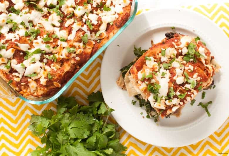 A filling, Mexican inspired casserole filled with black beans, kale, and mushrooms. | Greens and Beans Tortilla Casserole from small-eats.com