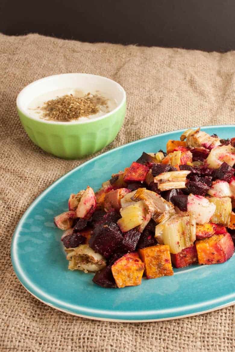A simple and satisfying roasted vegetable side dish great for the weeknight or a celebration with a side of a savory yogurt dressing. | Roasted Fall Vegetables from small-eats.com 