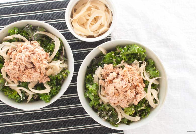 A massaged kale salad with a tahini tuna salad with a touch of fall with pickled fennel. | Massaged Kale Tuna Salad with Pickled Fennel from small-eats.com 