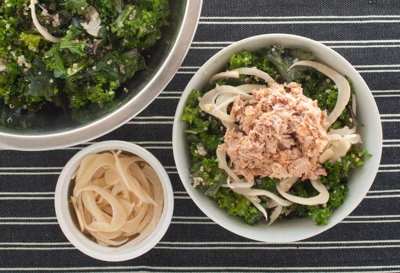 A massaged kale salad with a tahini tuna salad with a touch of fall with pickled fennel. | Massaged Kale Tuna Salad with Pickled Fennel from small-eats.com
