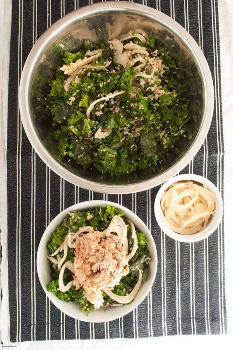 A massaged kale salad with a tahini tuna salad with a touch of fall with pickled fennel. | Massaged Kale Tuna Salad with Pickled Fennel from small-eats.com 