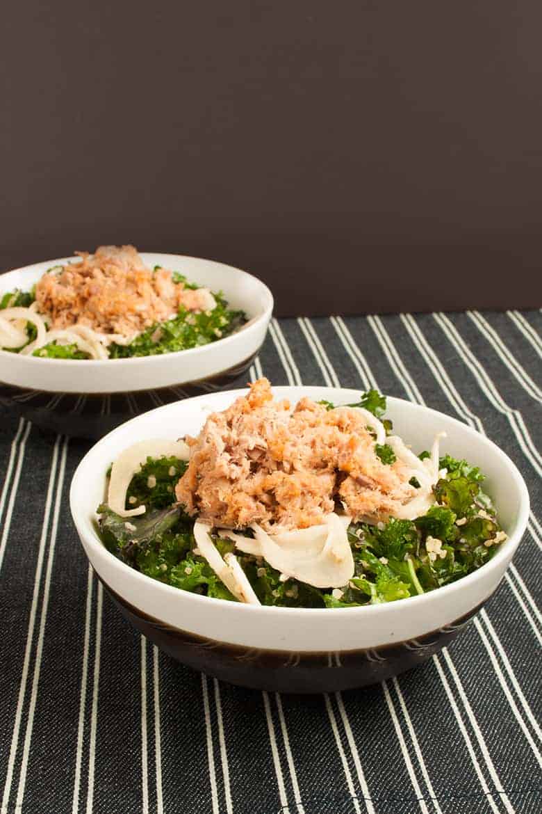 A massaged kale salad with a tahini tuna salad with a touch of fall with pickled fennel. | Massaged Kale Tuna Salad with Pickled Fennel from small-eats.com 