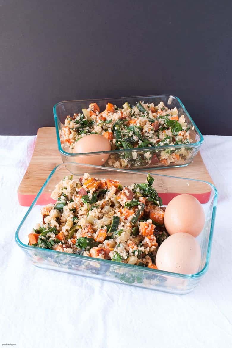 Embrace summer with a cauliflower rice mixed with zucchini, Swiss chard, sweet potatoes and an hard boiled egg. | Summer Cauliflower Rice from small-eats.com 