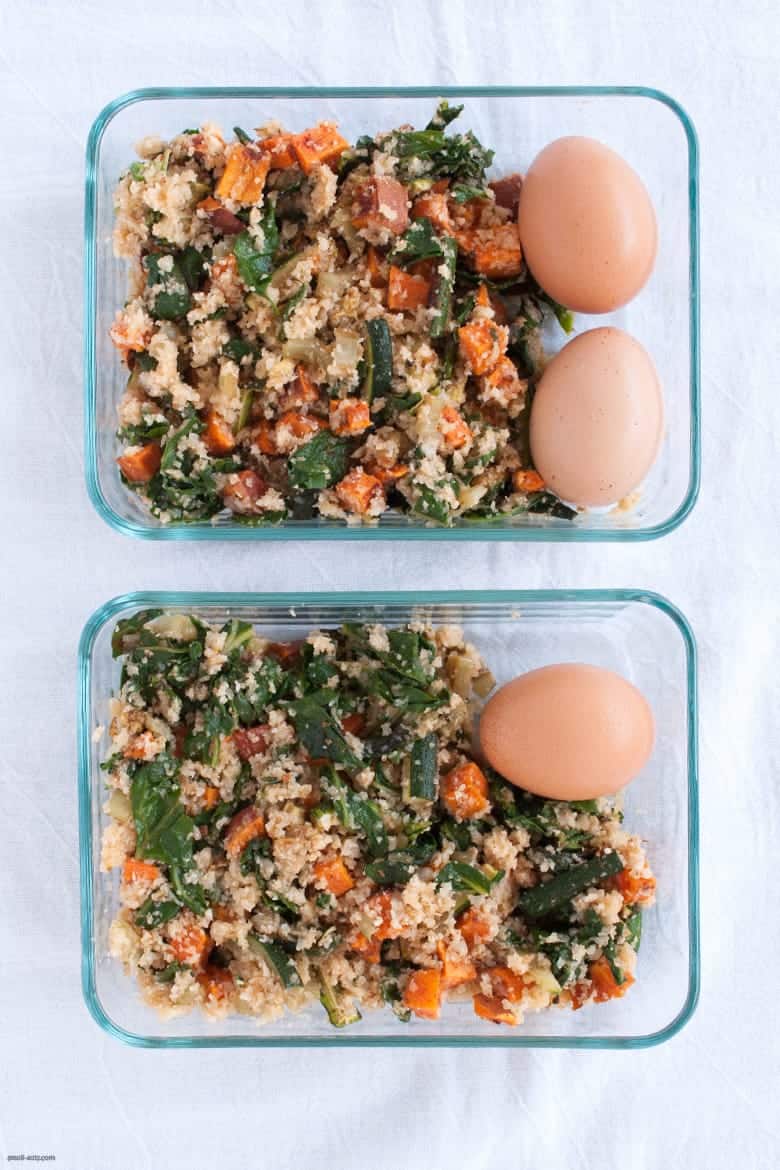 Embrace summer with a cauliflower rice mixed with zucchini, Swiss chard, sweet potatoes and an hard boiled egg. | Summer Cauliflower Rice from small-eats.com 