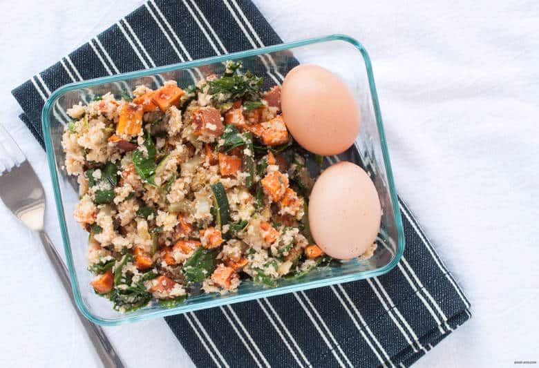 Embrace summer with a cauliflower rice mixed with zucchini, Swiss chard, sweet potatoes and an hard boiled egg. | Summer Cauliflower Rice from small-eats.com