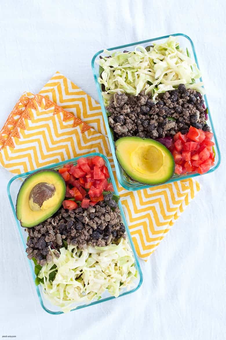 A grain free, gluten free taco salad packed with ground beef, beans, and lots of vegetables. | Taco Salad from small-eats.com 