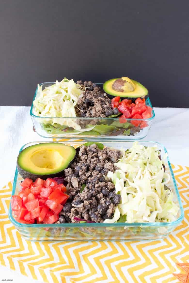 A grain free, gluten free taco salad packed with ground beef, beans, and lots of vegetables. | Taco Salad from small-eats.com 