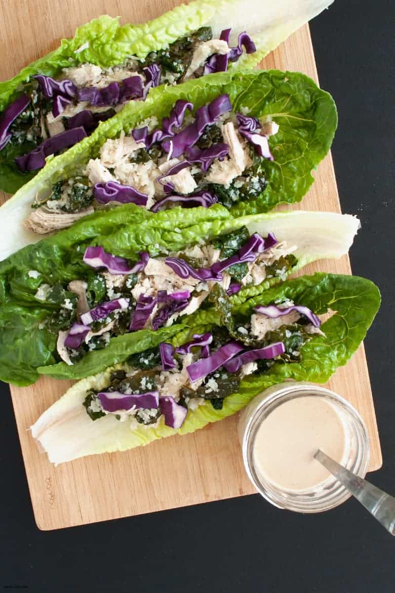 A full meal of shredded chicken, cauliflower and kale wrapped in lettuce. | Paleo Shredded Chicken Wraps from small-eats.com 