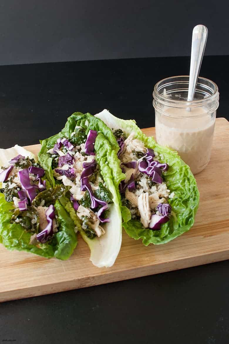 A full meal of shredded chicken, cauliflower and kale wrapped in lettuce. | Paleo Shredded Chicken Wraps from small-eats.com 
