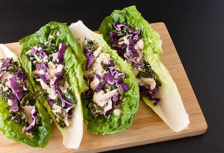 A full meal of shredded chicken, cauliflower and kale wrapped in lettuce. | Paleo Shredded Chicken Wraps from small-eats.com