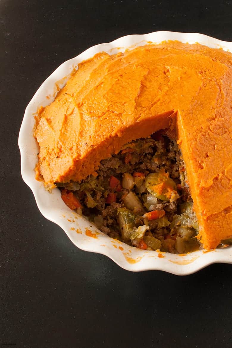 Enjoy a sweet potato, paleo twist on the classic Shepherd's pie. | Paleo Sweet Potato Shepherd's Pie from small-eats.com