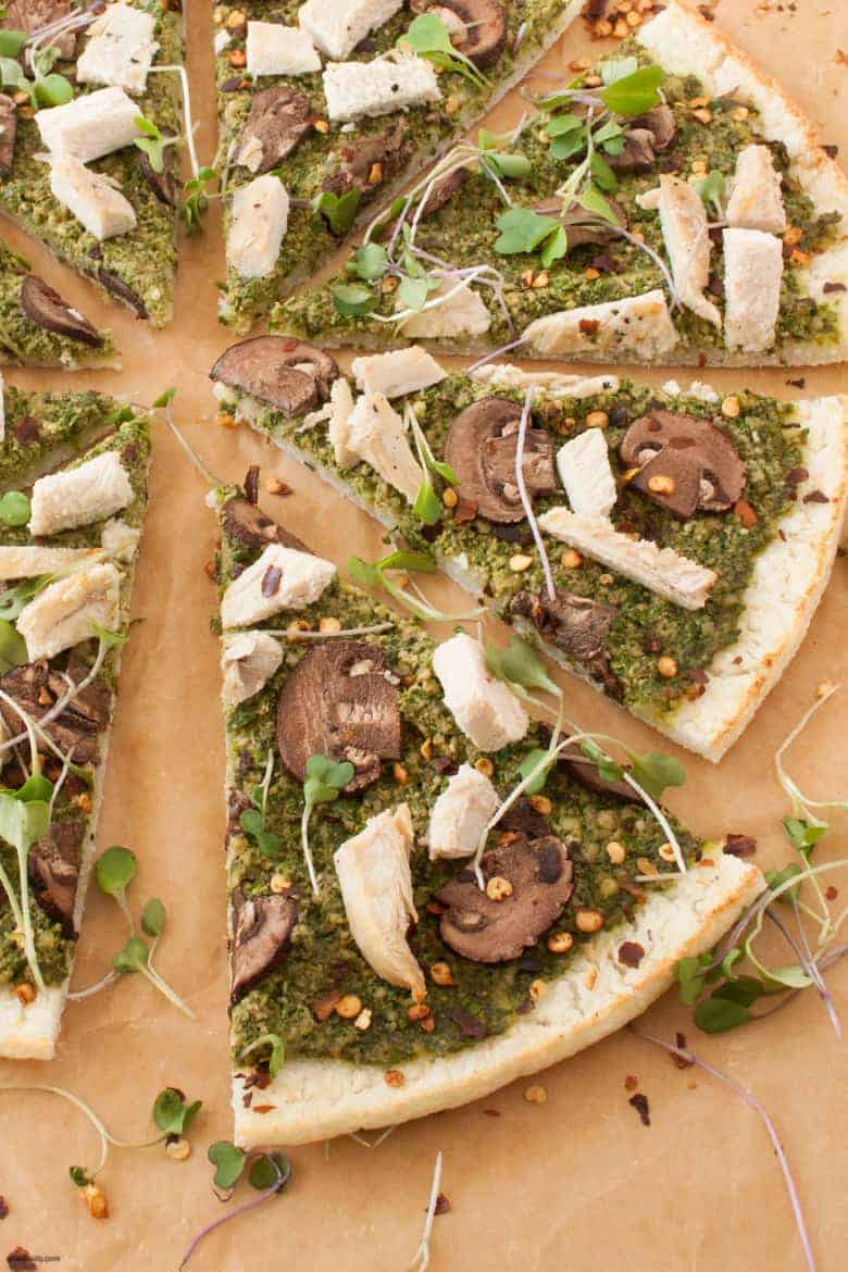 A simple and delicious dairy free and gluten free pizza perfect for a quick weeknight dinner or entertaining friends from Alisa Flemings' new book, Eat Dairy Free. | Mushroom Pesto Pizza from small-eats.com 