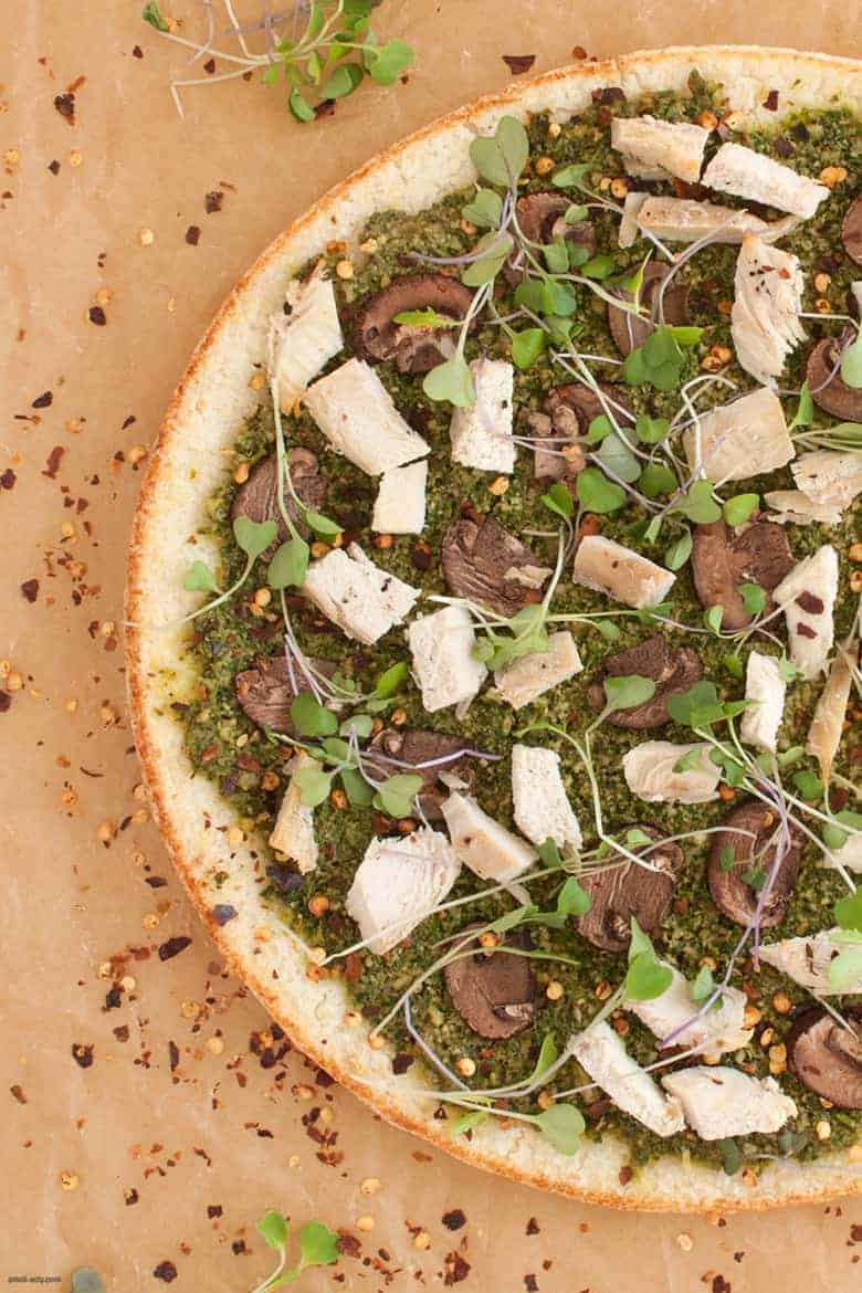 A simple and delicious dairy free and gluten free pizza perfect for a quick weeknight dinner or entertaining friends from Alisa Flemings' new book, Eat Dairy Free. | Mushroom Pesto Pizza from small-eats.com