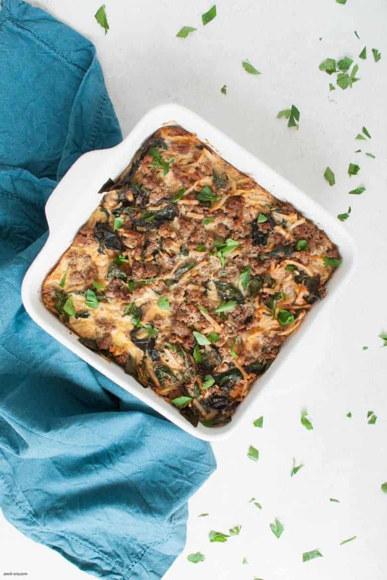Put all of your favorite savory breakfast flavors in one pan and eat well for the rest of the week with this breakfast bake. | Hash Brown Breakfast Bake (Gluten Free, Dairy Free) from small-eats.com