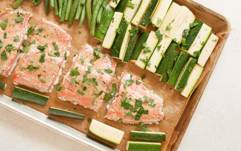 A simple and tasty salmon dinner that's packed with veggies and easy to make any night of the week. | Salmon Sheet Pan Dinner from small-eats.com