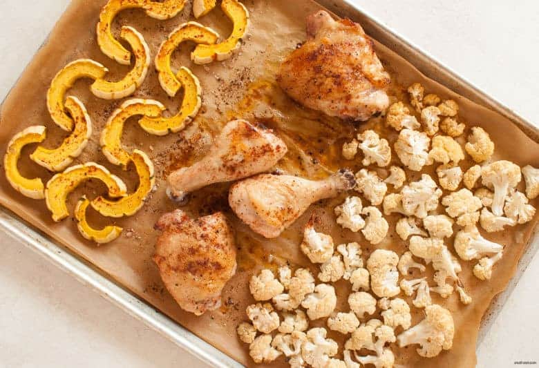 A simple chicken sheet pan dinner that will make any Fall lunch or dinner complete. | Fall Chicken Sheet Pan Dinner from small-eats.com