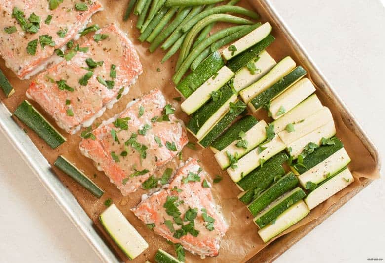 A simple and tasty salmon dinner that's packed with veggies and easy to make any night of the week. | Salmon Sheet Pan Dinner from small-eats.com